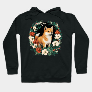 Shiba Inu Dog, Rose, Floral Ornament Hoodie