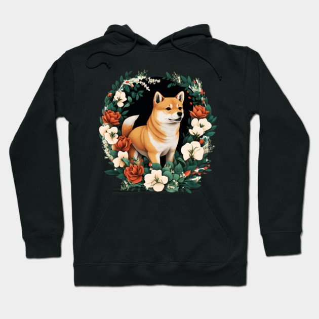 Shiba Inu Dog, Rose, Floral Ornament Hoodie by logiamerch