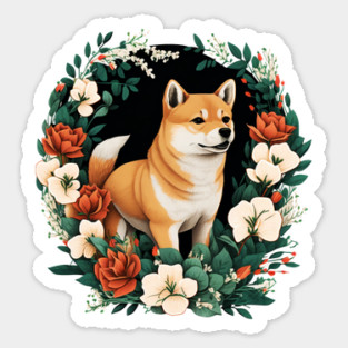 Shiba Inu Dog, Rose, Floral Ornament Sticker