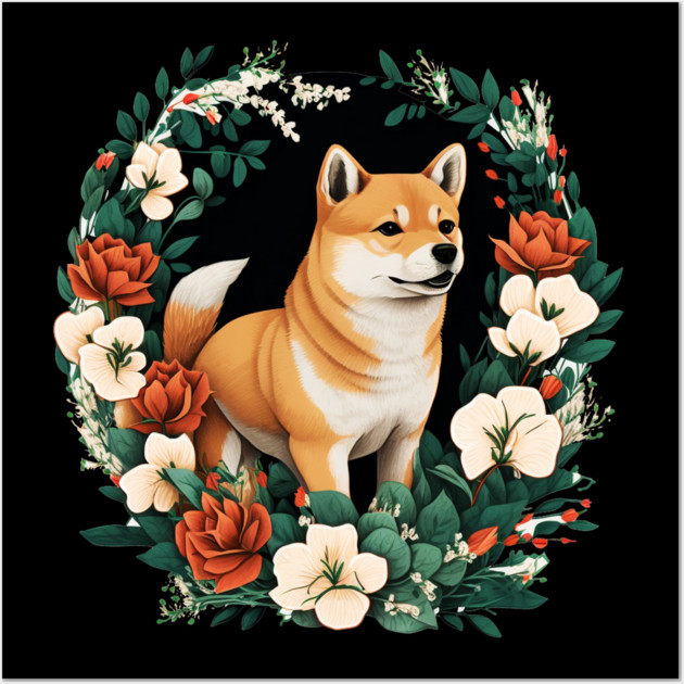 Shiba Inu Dog, Rose, Floral Ornament Wall Art by logiamerch