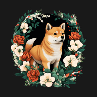 Shiba Inu Dog, Rose, Floral Ornament T-Shirt