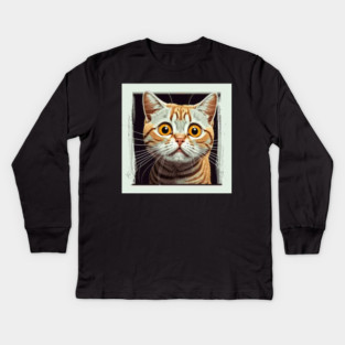 Funny Scared Ginger Cat Face, Cat Lover, Scaredy Cat Kids Long Sleeve T-Shirt