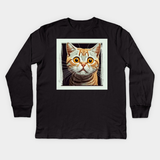 Funny Scared Ginger Cat Face, Cat Lover, Scaredy Cat Kids Long Sleeve T-Shirt by logiamerch