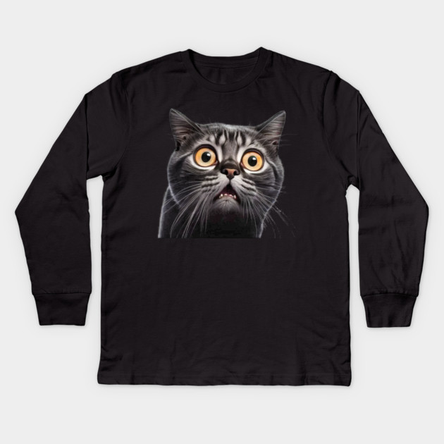 Funny Scared Cat Face, Cat Lover, Scaredy Cat Kids Long Sleeve T-Shirt by logiamerch