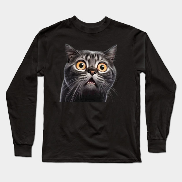 Funny Scared Cat Face, Cat Lover, Scaredy Cat Long Sleeve T-Shirt by logiamerch