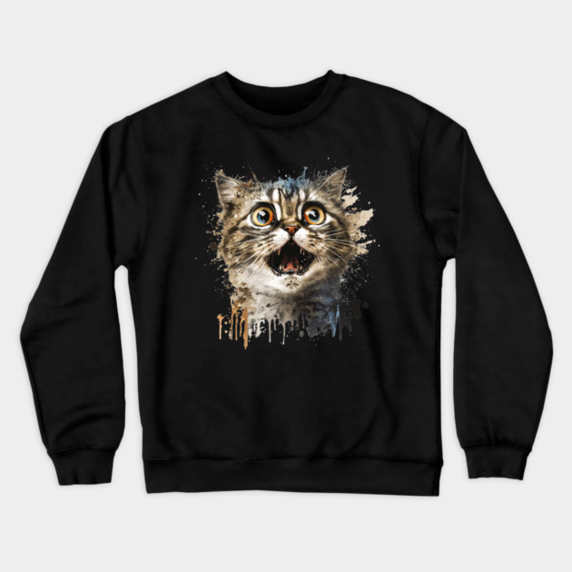 Funny Scared Cat Face, Cat Lover, Scaredy Cat Crewneck Sweatshirt by logiamerch