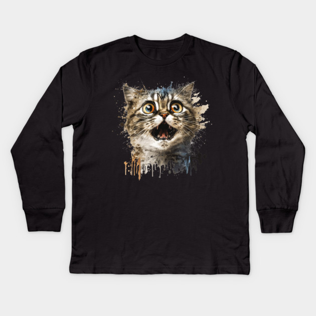 Funny Scared Cat Face, Cat Lover, Scaredy Cat Kids Long Sleeve T-Shirt by logiamerch