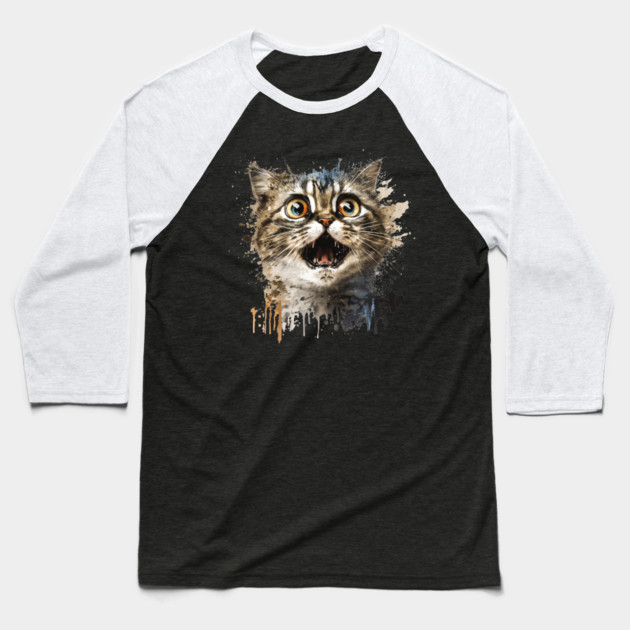 Funny Scared Cat Face, Cat Lover, Scaredy Cat Baseball T-Shirt by logiamerch