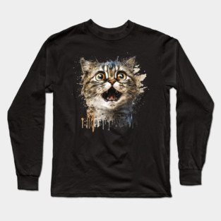 Funny Scared Cat Face, Cat Lover, Scaredy Cat Long Sleeve T-Shirt