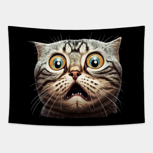 Funny Scared Cat Face, Cat Lover, Scaredy Cat Tapestry by logiamerch
