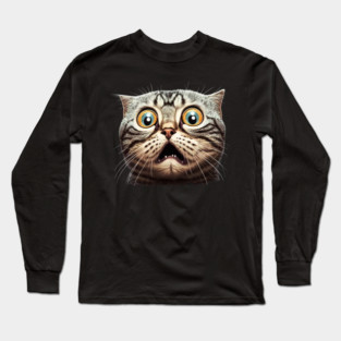 Funny Scared Cat Face, Cat Lover, Scaredy Cat Long Sleeve T-Shirt