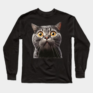 Funny Scared Cat Face, Cat Lover, Scaredy Cat Long Sleeve T-Shirt