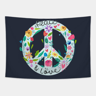 Peace And Love Symbol With Flower Power Tapestry