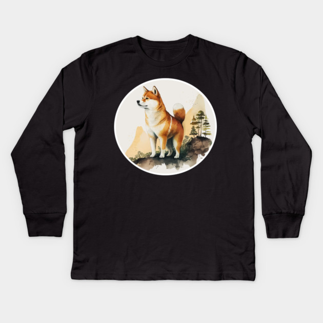 Shiba Inu Dog, Mountain Outdoor, Forest Kids Long Sleeve T-Shirt by logiamerch