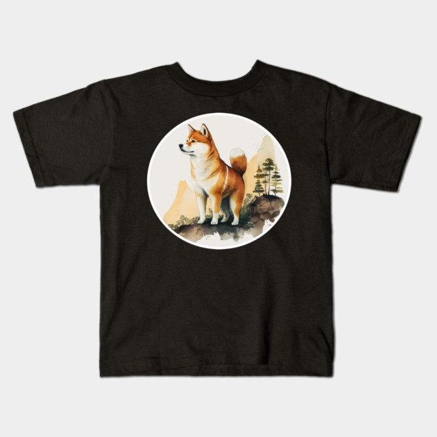 Shiba Inu Dog, Mountain Outdoor, Forest Kids T-Shirt by logiamerch