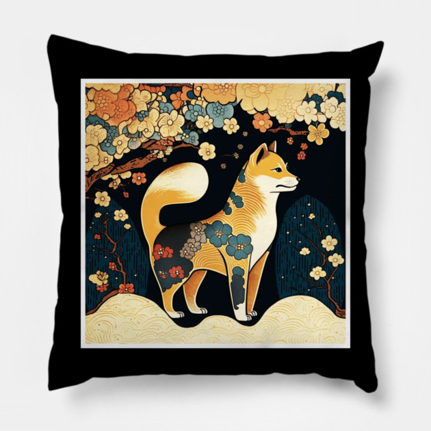 Shiba Inu Dog, Japanese Art, Floral Design Pillow by logiamerch