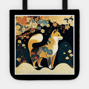 Shiba Inu Dog, Japanese Art, Floral Design Tote