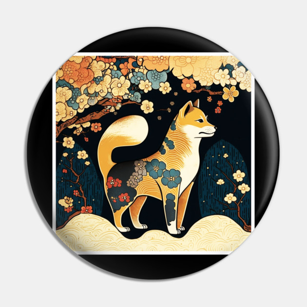 Shiba Inu Dog, Japanese Art, Floral Design Pin by logiamerch