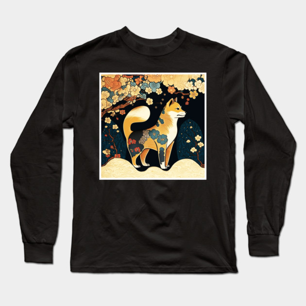 Shiba Inu Dog, Japanese Art, Floral Design Long Sleeve T-Shirt by logiamerch