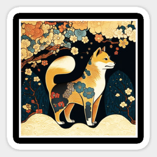 Shiba Inu Dog, Japanese Art, Floral Design Magnet