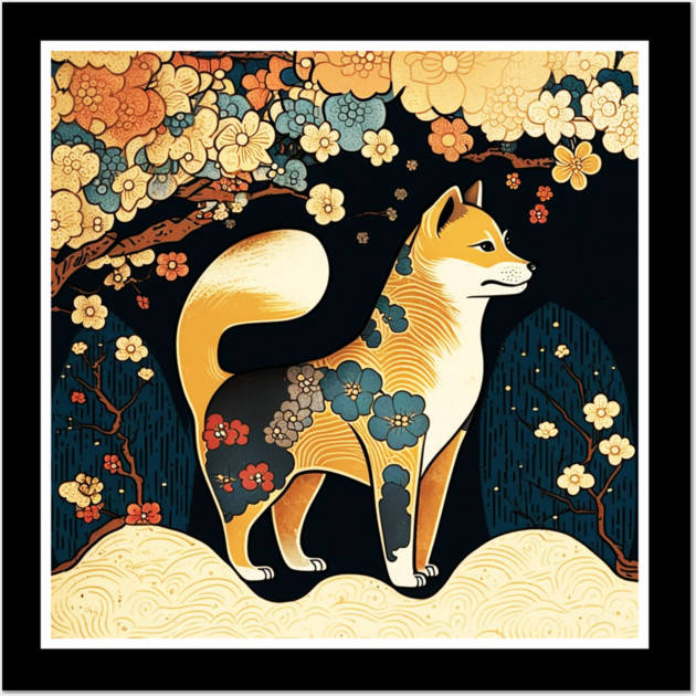 Shiba Inu Dog, Japanese Art, Floral Design Wall Art by logiamerch