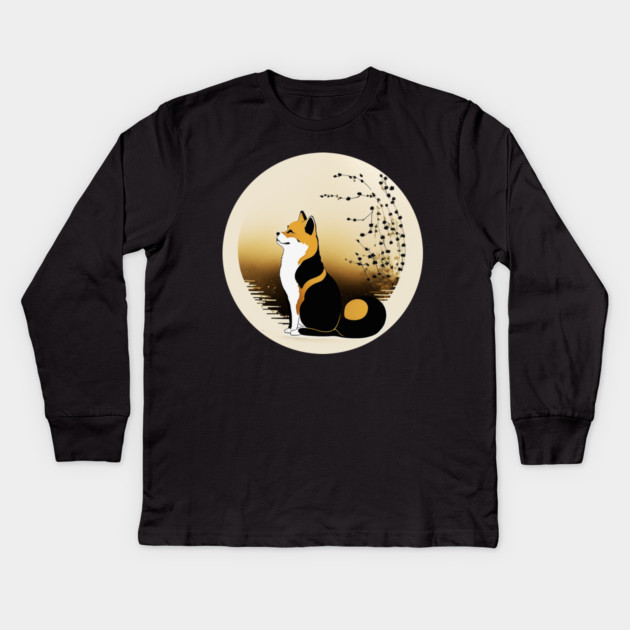 Shiba Inu Dog, Japanese Art, Full moon Kids Long Sleeve T-Shirt by logiamerch