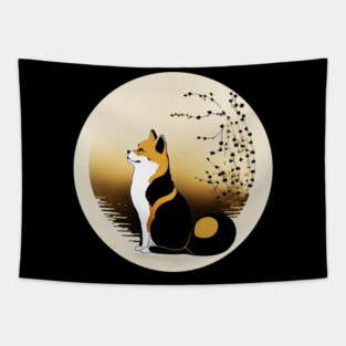Shiba Inu Dog, Japanese Art, Full moon Tapestry