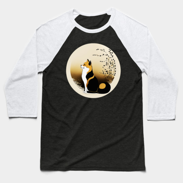 Shiba Inu Dog, Japanese Art, Full moon Baseball T-Shirt by logiamerch