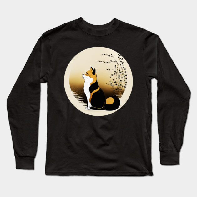 Shiba Inu Dog, Japanese Art, Full moon Long Sleeve T-Shirt by logiamerch