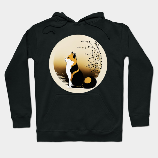 Shiba Inu Dog, Japanese Art, Full moon Hoodie by logiamerch