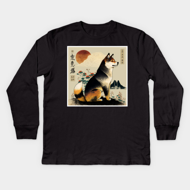 Shiba Inu Dog, Japanese Art Kids Long Sleeve T-Shirt by logiamerch