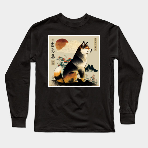 Shiba Inu Dog, Japanese Art Long Sleeve T-Shirt by logiamerch