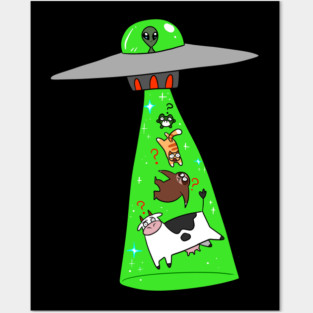 Frog Sloth Cat Cow Alien Abduction Posters and Art
