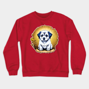 White Havanese Puppy Dog with Black Ears in a Golden Spring Setting Crewneck Sweatshirt