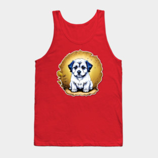 White Havanese Puppy Dog with Black Ears in a Golden Spring Setting Tank Top