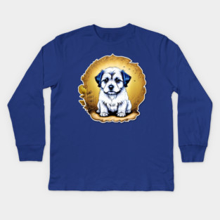 White Havanese Puppy Dog with Black Ears in a Golden Spring Setting Kids Long Sleeve T-Shirt