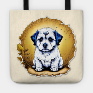 White Havanese Puppy Dog with Black Ears in a Golden Spring Setting Tote