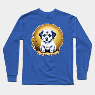 White Havanese Puppy Dog with Black Ears in a Golden Spring Setting Long Sleeve T-Shirt