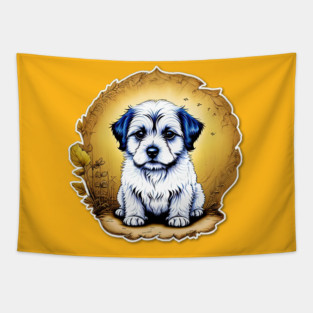 White Havanese Puppy Dog with Black Ears in a Golden Spring Setting Tapestry