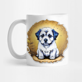White Havanese Puppy Dog with Black Ears in a Golden Spring Setting Mug