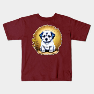 White Havanese Puppy Dog with Black Ears in a Golden Spring Setting Kids T-Shirt