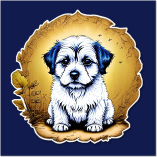 White Havanese Puppy Dog with Black Ears in a Golden Spring Setting Posters and Art