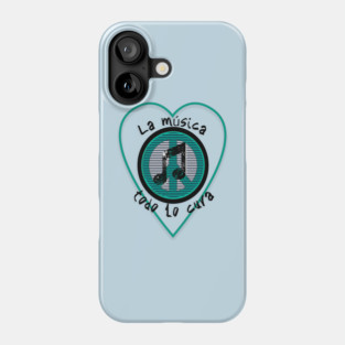 Music therapy. Phrase in Spanish: Music heals everything inside a blue heart with the symbol of peace. Phone Case