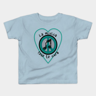 Music therapy. Phrase in Spanish: Music heals everything inside a blue heart with the symbol of peace. Kids T-Shirt
