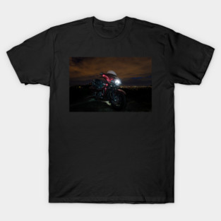 Big American touring motorcycle in Burgundy and Black on a city background at night T-Shirt