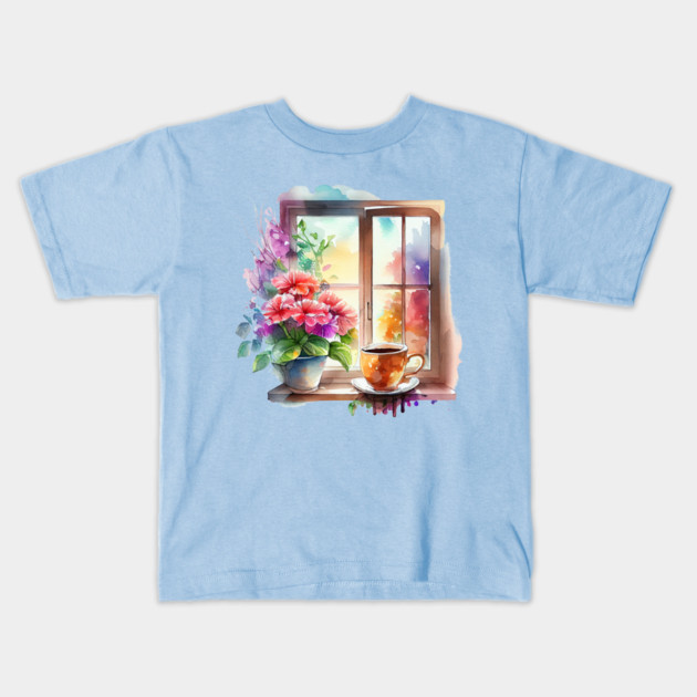 Morning Coffee at the Window Kids T-Shirt by Luxinda
