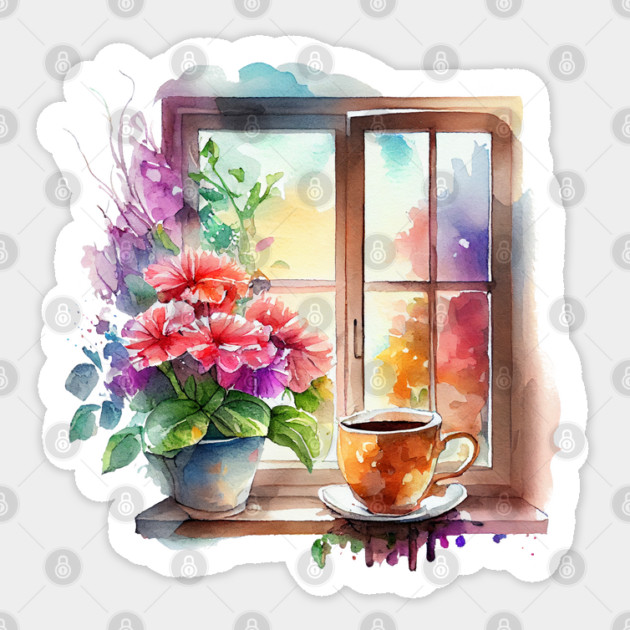 Morning Coffee at the Window Sticker by Luxinda
