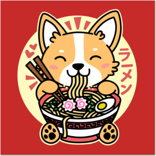 Corgi Eating Ramen Cute Kawaii Noodles Posters and Art