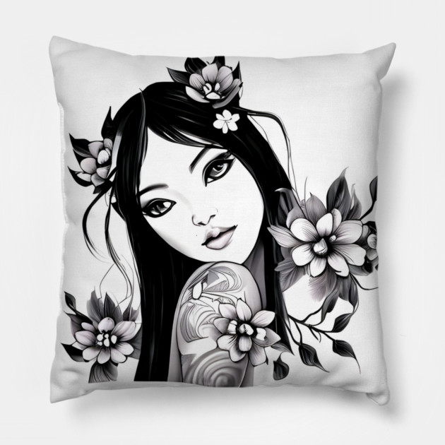 girl tatoo art flowers Pillow by animegirlnft