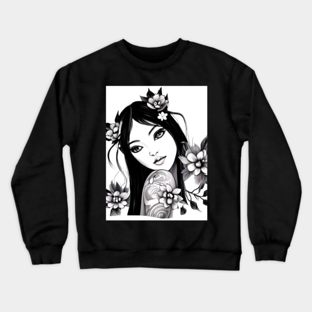girl tatoo art flowers Crewneck Sweatshirt by animegirlnft